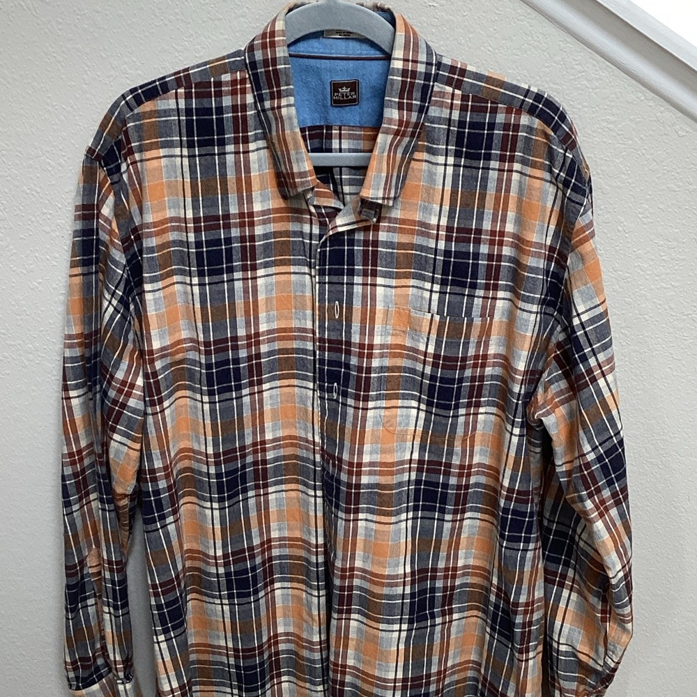 Peter Millar Men's Plaid Shirt in Navy and Orange